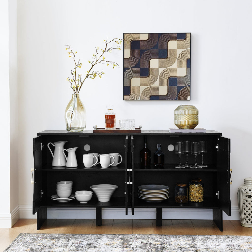60" Mid Century Modern Sideboard Buffet Cabinet with Fluted Diamond Design - Black