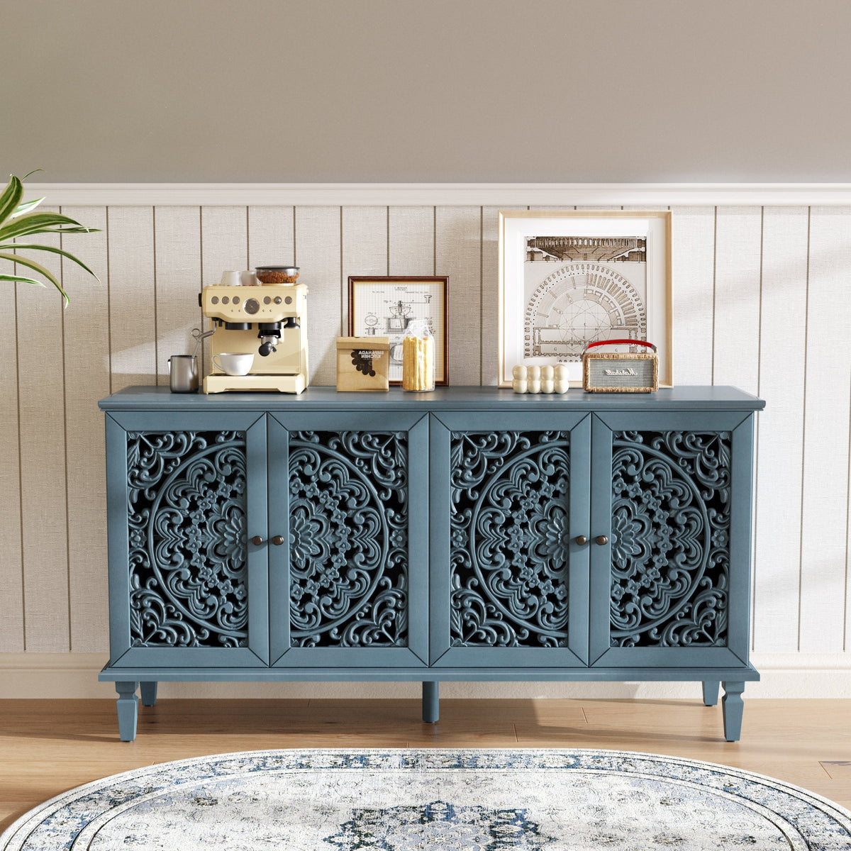 Antique Blue Buffet Cabinet with Floral Carvings and Adjustable Shelves