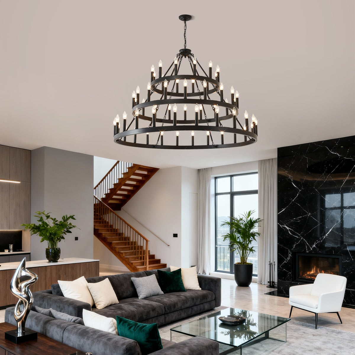 3 Tiers Wagon Wheel Chandelier - 54-Light Matte Black Metal