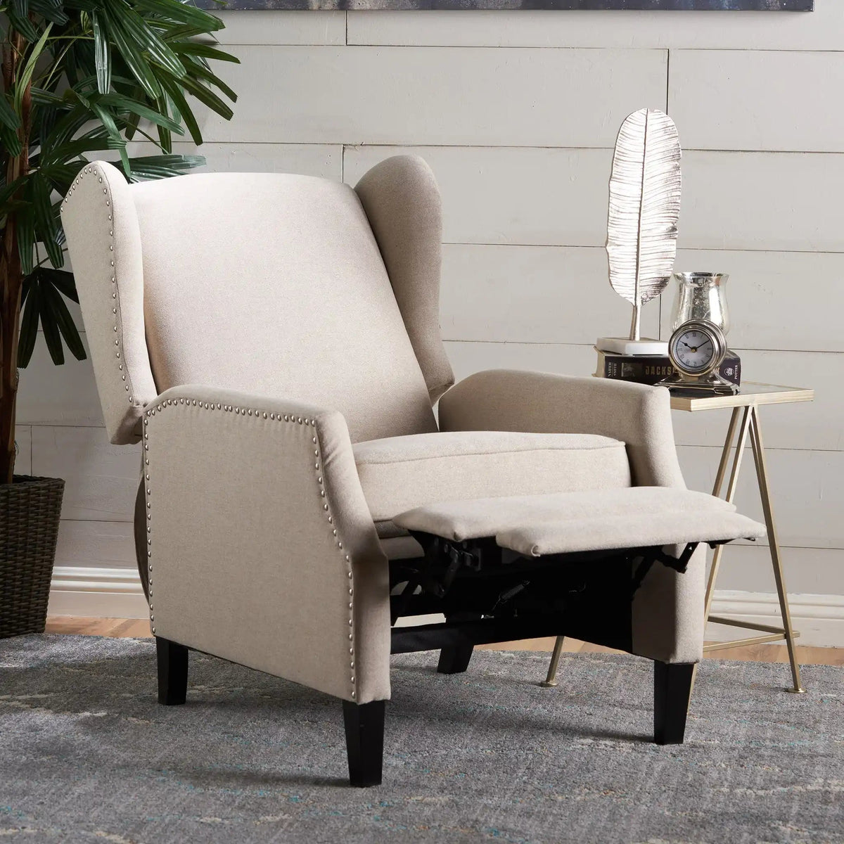 Westeros Wing Back Fabric Upholstered Recliner with Studded Trim – Multiple Colors