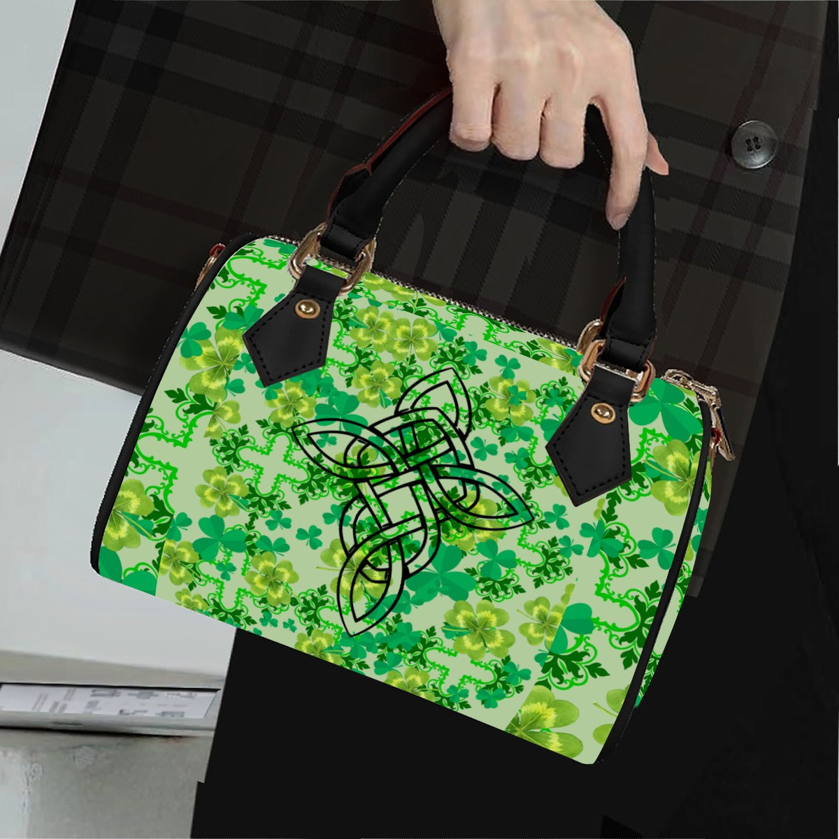 Clover & Celtic Crosses Barrel Handbag | Irish Heritage Vegan Leather Bag - Exclusive to Back Alley