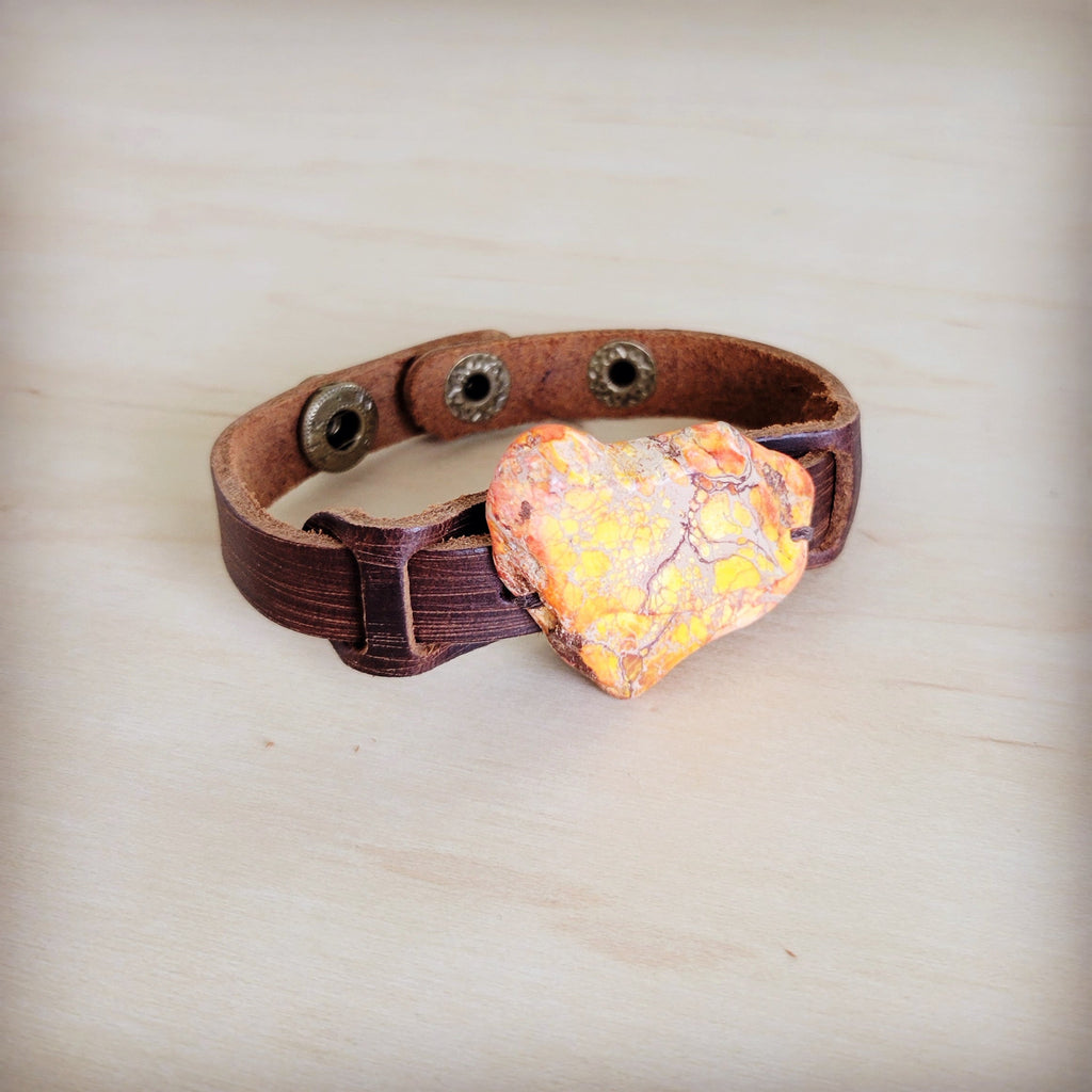 Genuine Leather Narrow Cuff w/ Orange Regalite Slab 007f
