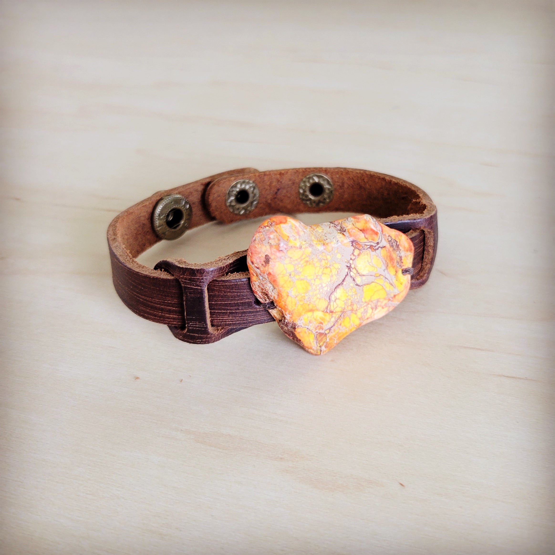 Genuine Leather Narrow Cuff w/ Orange Regalite Slab 007f