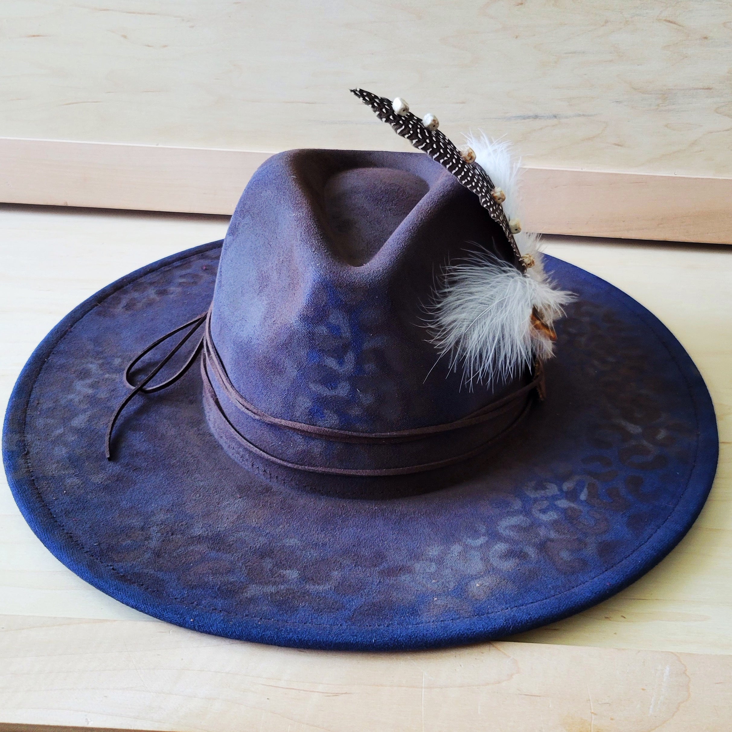 Hand-Painted Leopard Boho Western Cowgirl Hat & Band-Navy 987L