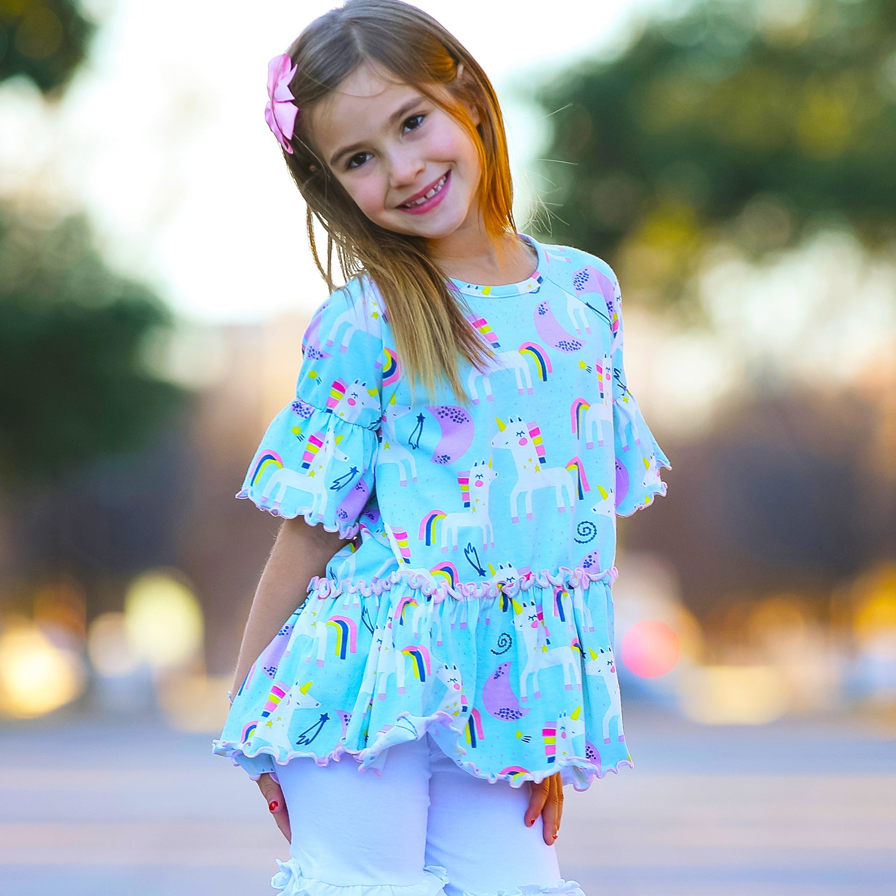 AnnLoren Little & Big Girls 3/4 Angel Sleeve Unicorn Cotton Knit Ruffle Shirt
