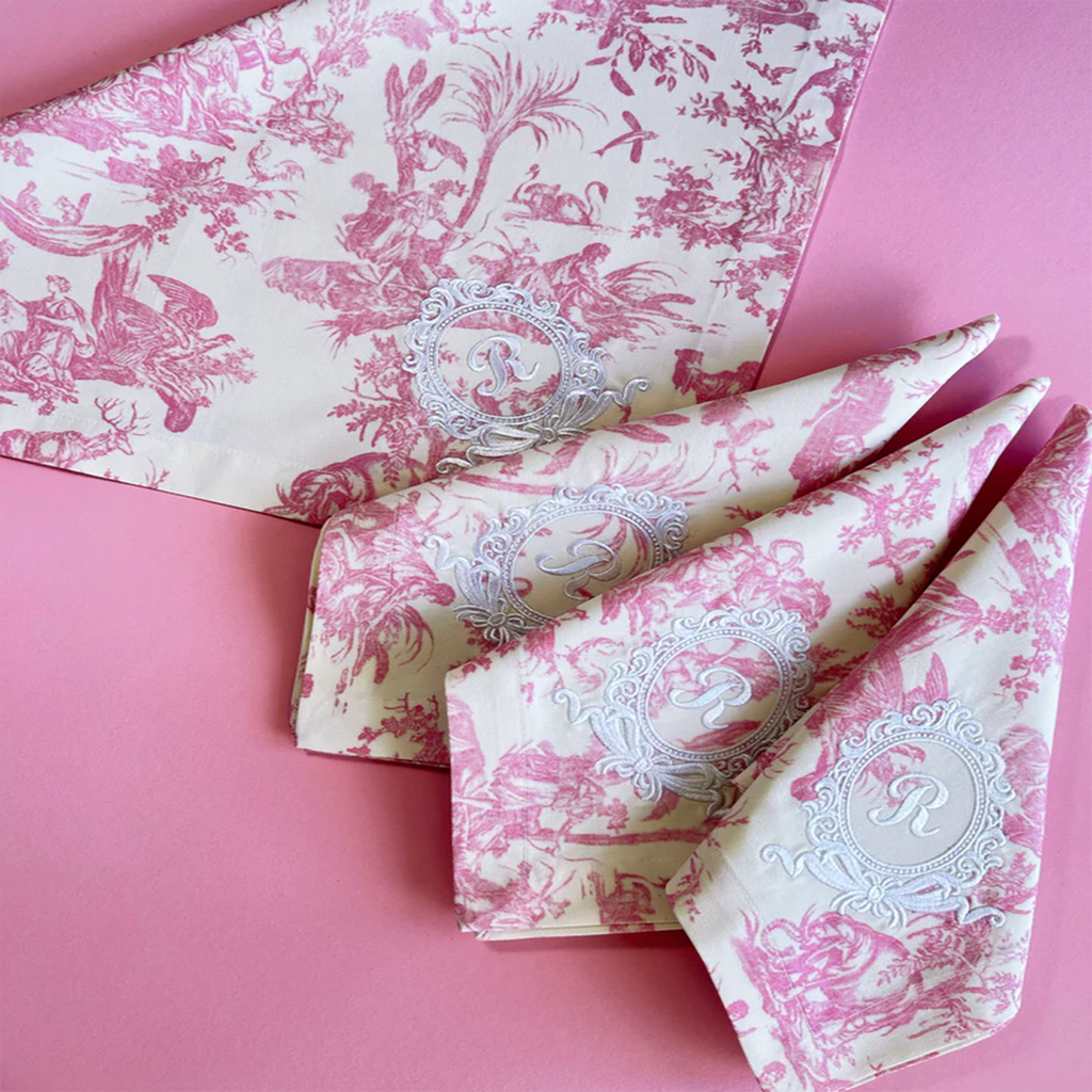 French Toile de Jouy Premium Cotton Napkin with Royal Embroidery Set of 4