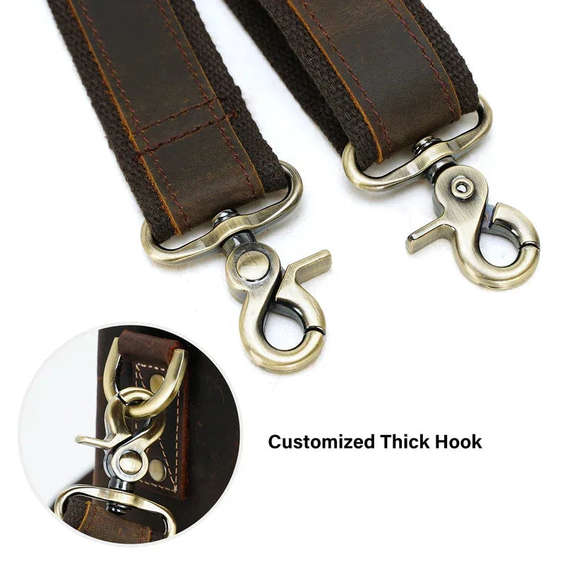 Adjustable Full Grain Leather Shoulder Strap with Metal Hooks