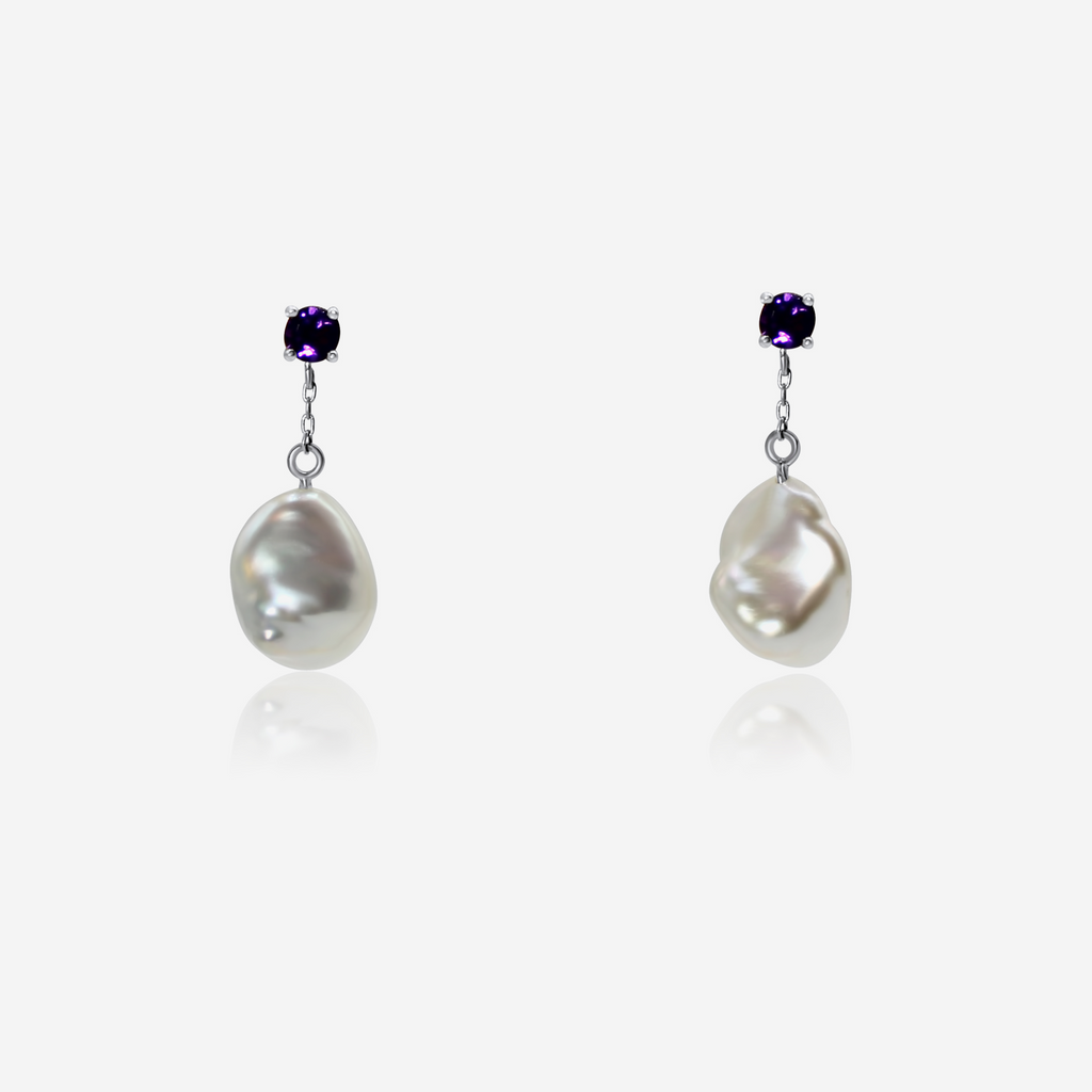Amethyst & Freshwater Pearl Drop Earrings | 14K Gold