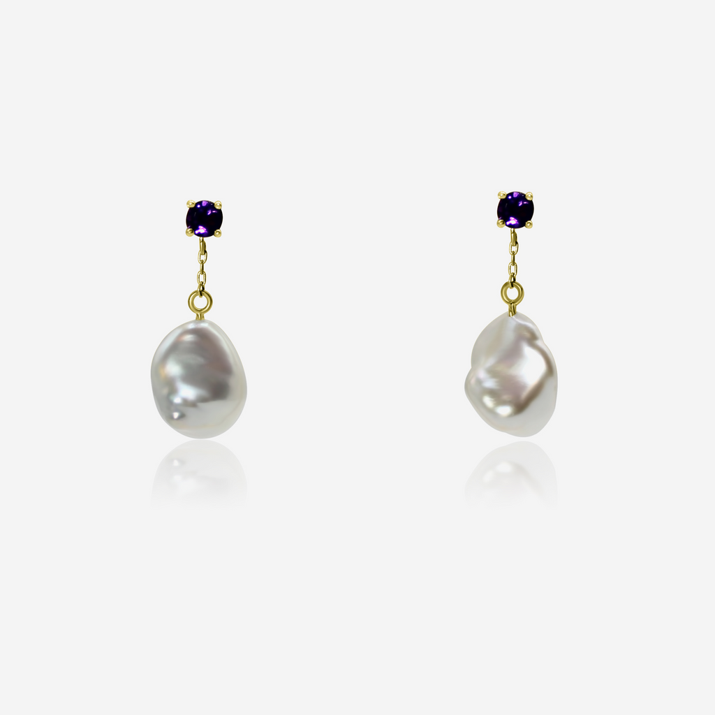 Amethyst & Freshwater Pearl Drop Earrings | 14K Gold
