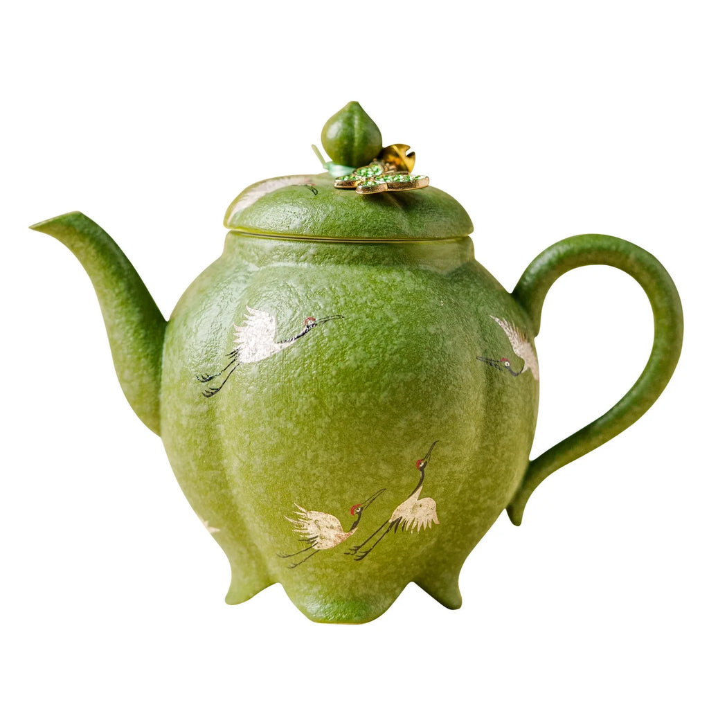 Crane Green Glaze Teapot — Handcrafted Zisha Pot with Enamel Butterfly Lid