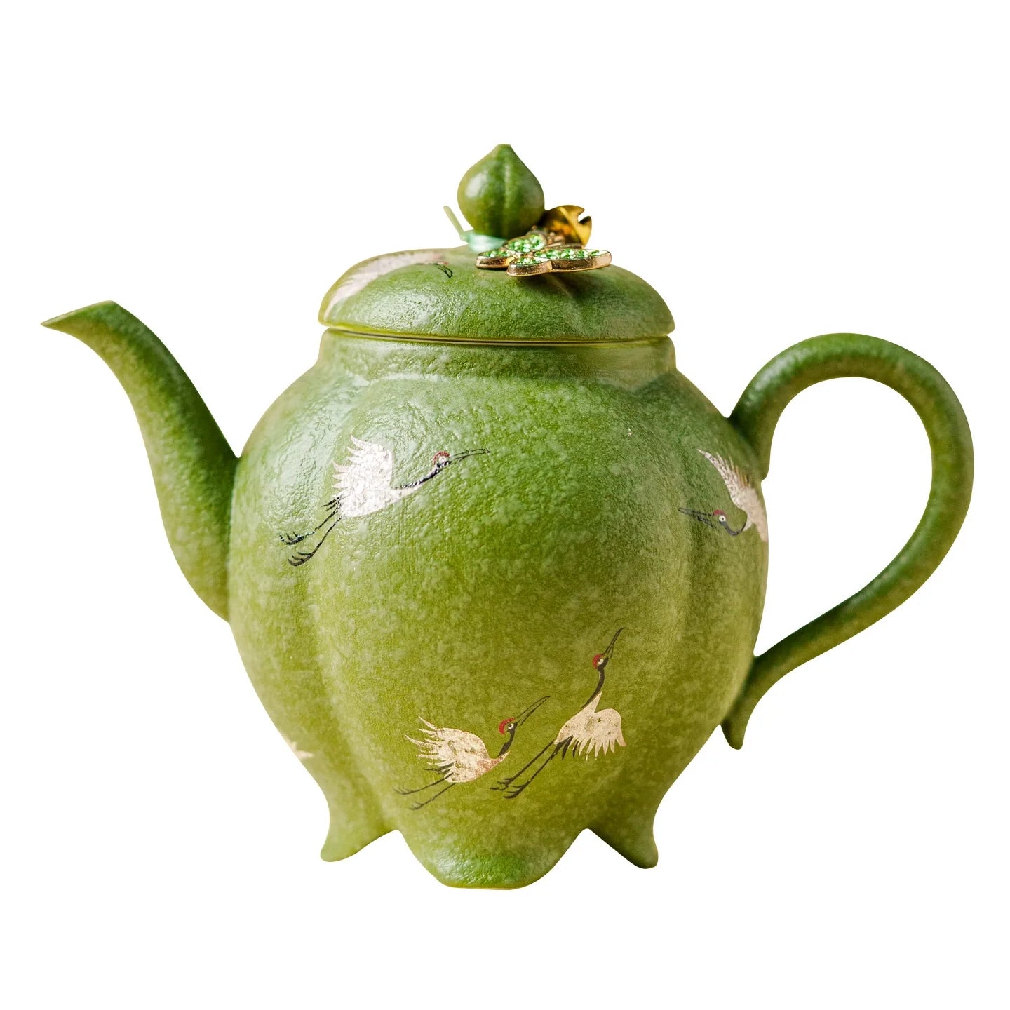 Crane Green Glaze Teapot — Handcrafted Zisha Pot with Enamel Butterfly Lid