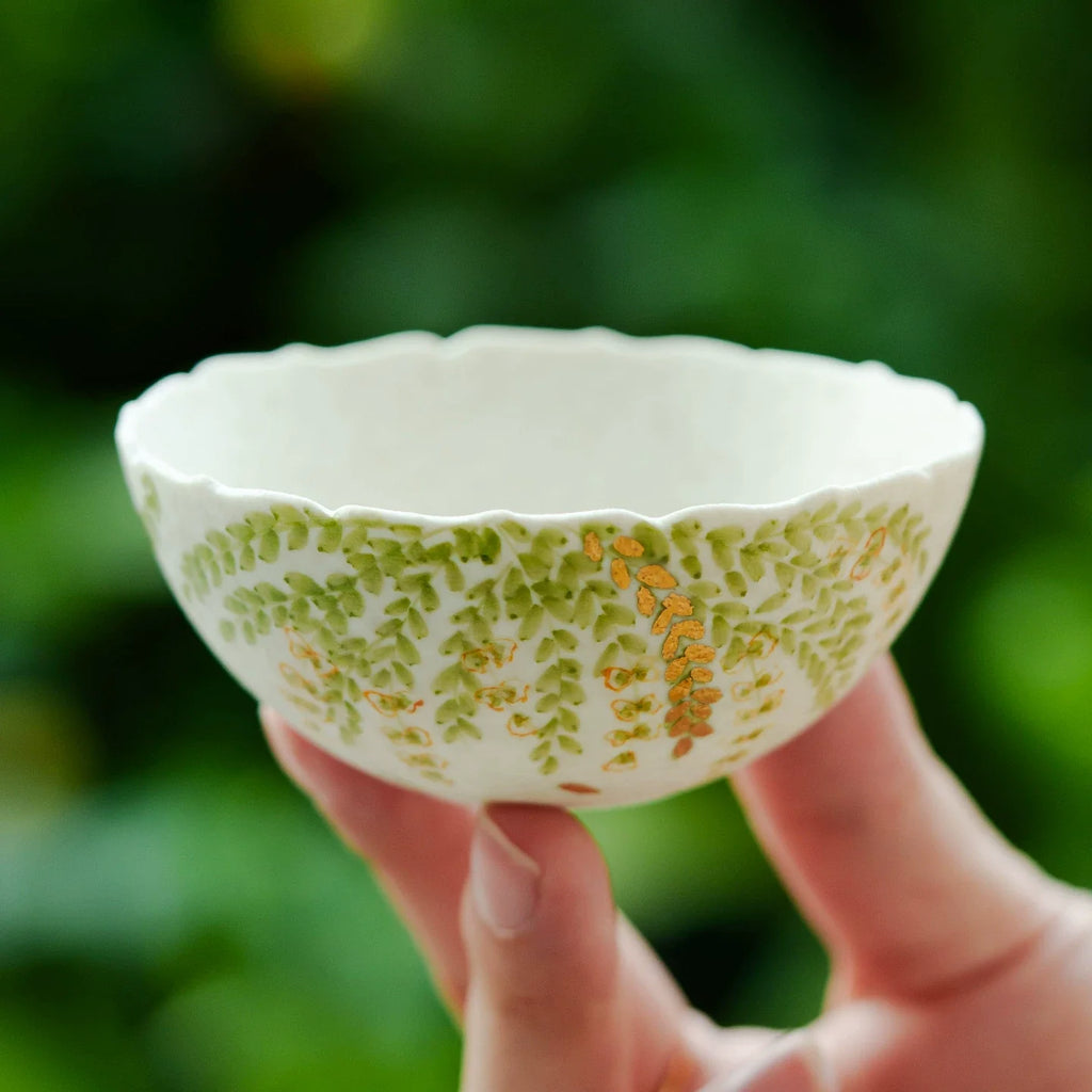 Handmade Ceramic Teacup with Green Leaf Design – 85ml Traditional Chinese Tea Cup