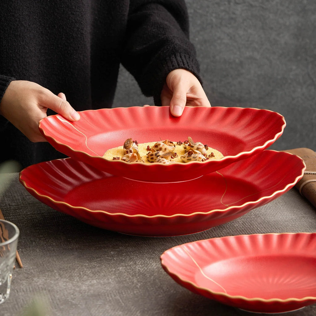 Red Vermilion Glazed Porcelain Serving Plate – Cold Dish Oval Plate Series