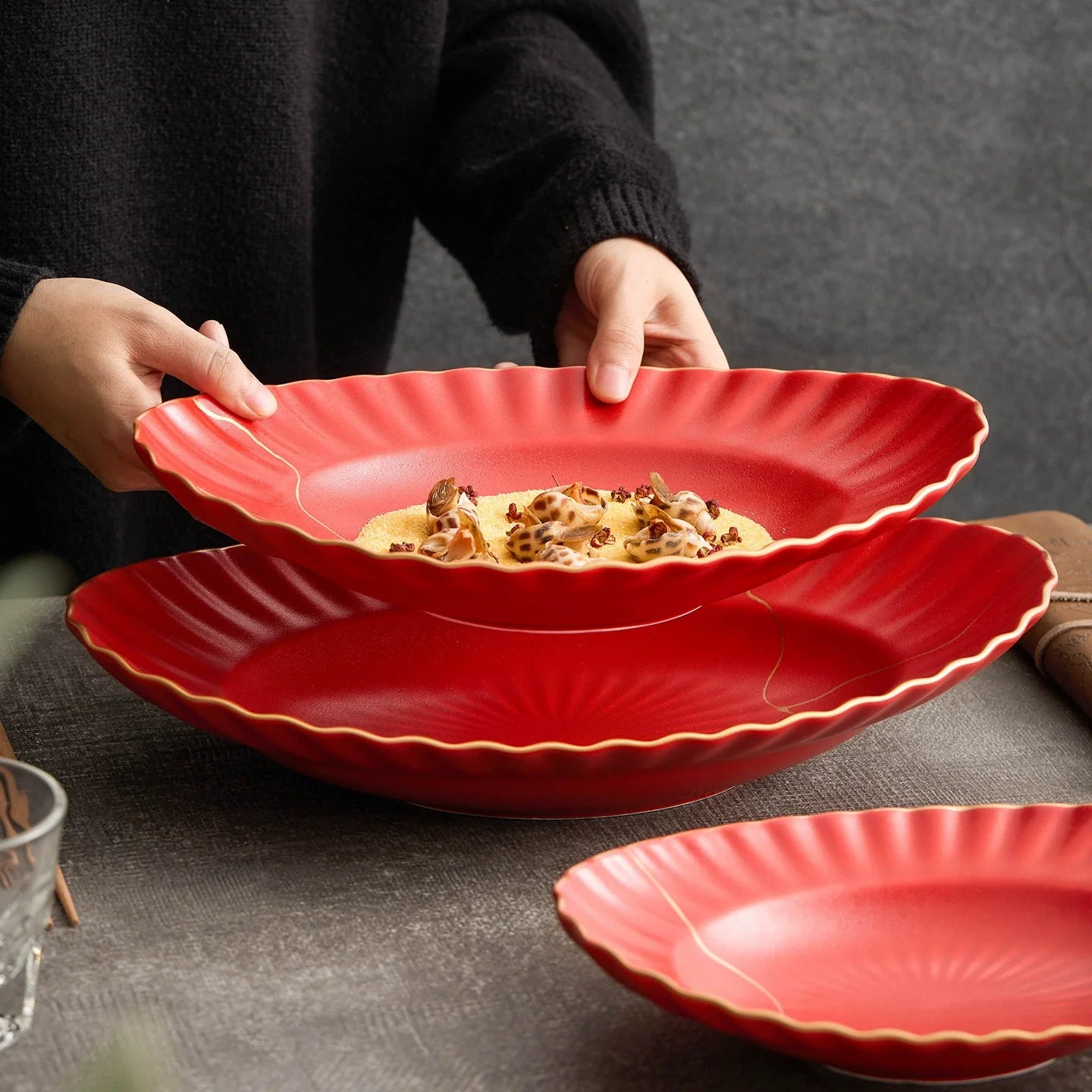 Red Vermilion Glazed Porcelain Serving Plate – Cold Dish Oval Plate Series
