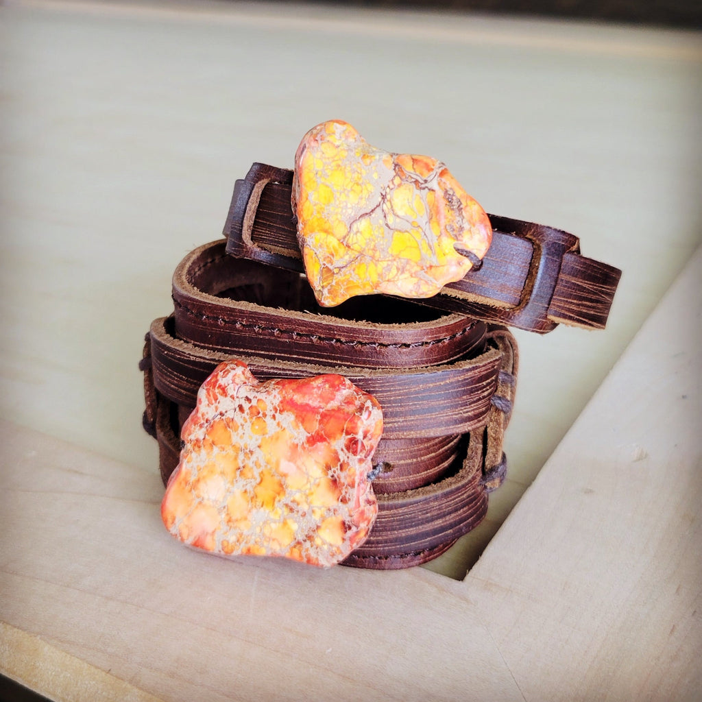 Genuine Leather Narrow Cuff w/ Orange Regalite Slab 007f