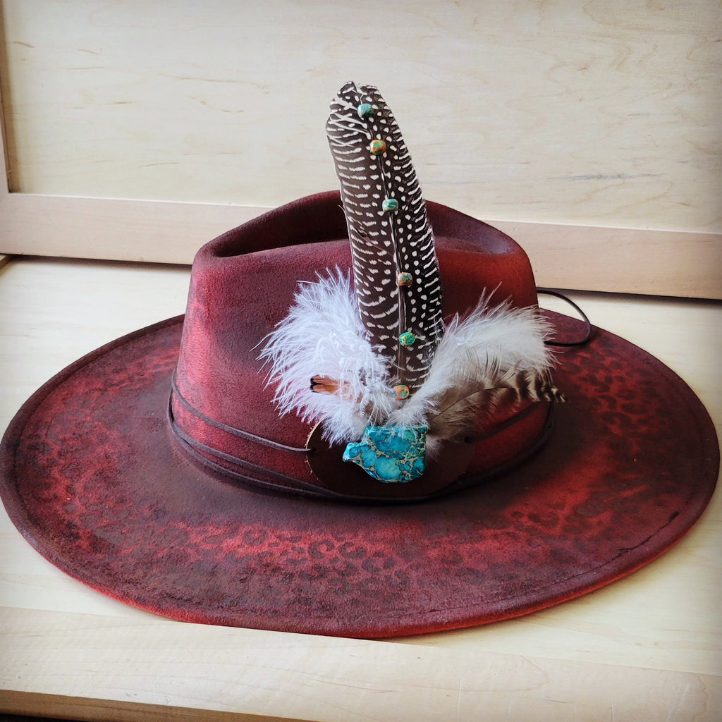 Hand-Painted Leopard Boho Western Cowgirl Hat & Band-Red 987k