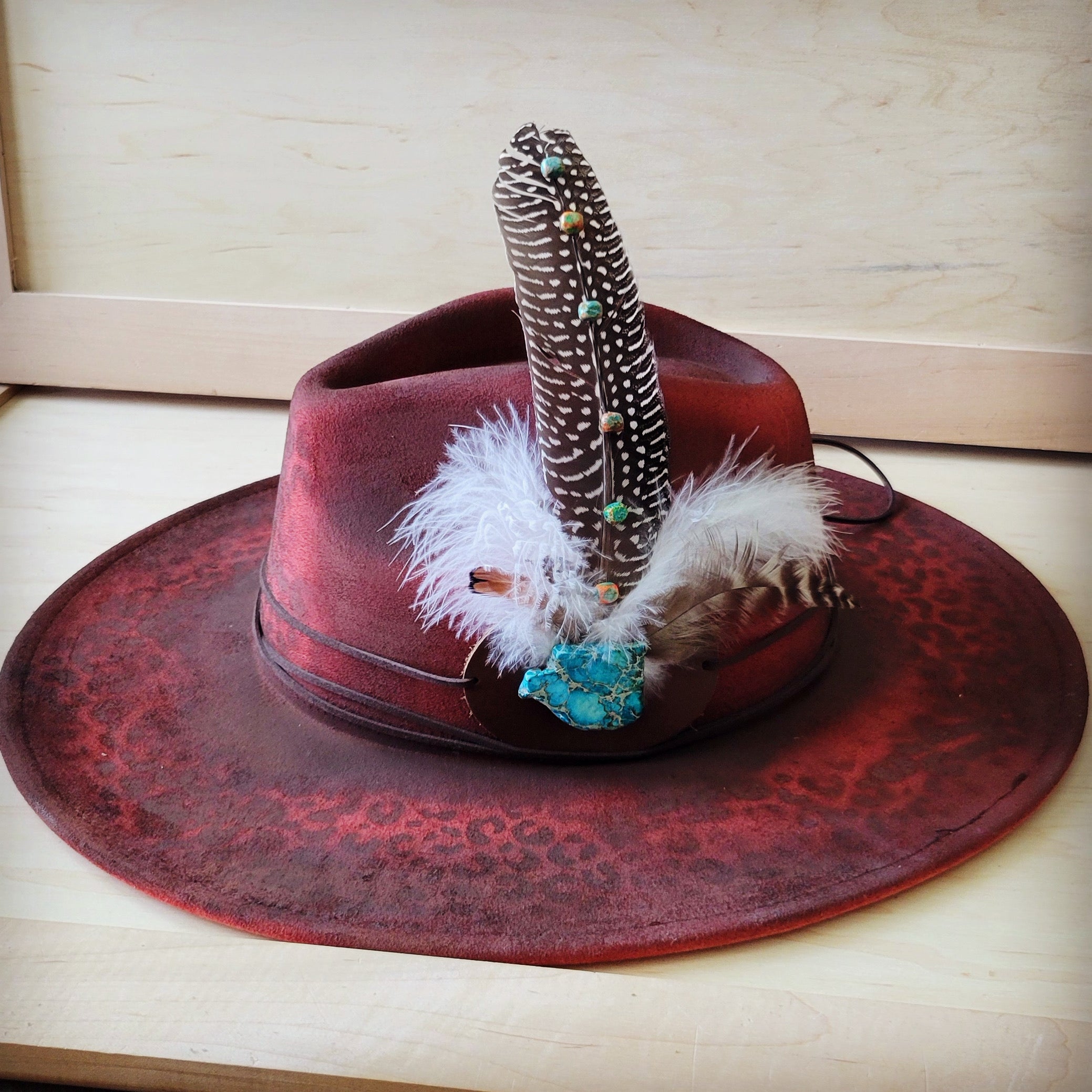 Hand-Painted Leopard Boho Western Cowgirl Hat & Band-Red 987k