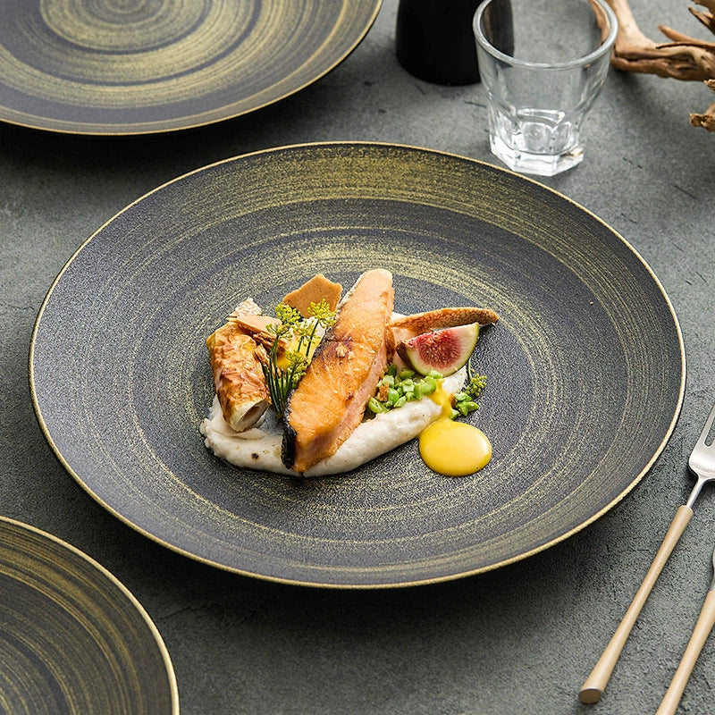 Luxury Black & Gold Ceramic Dinner Plate – Wujin Sand Textured Matte Glaze Fine Dining Tableware