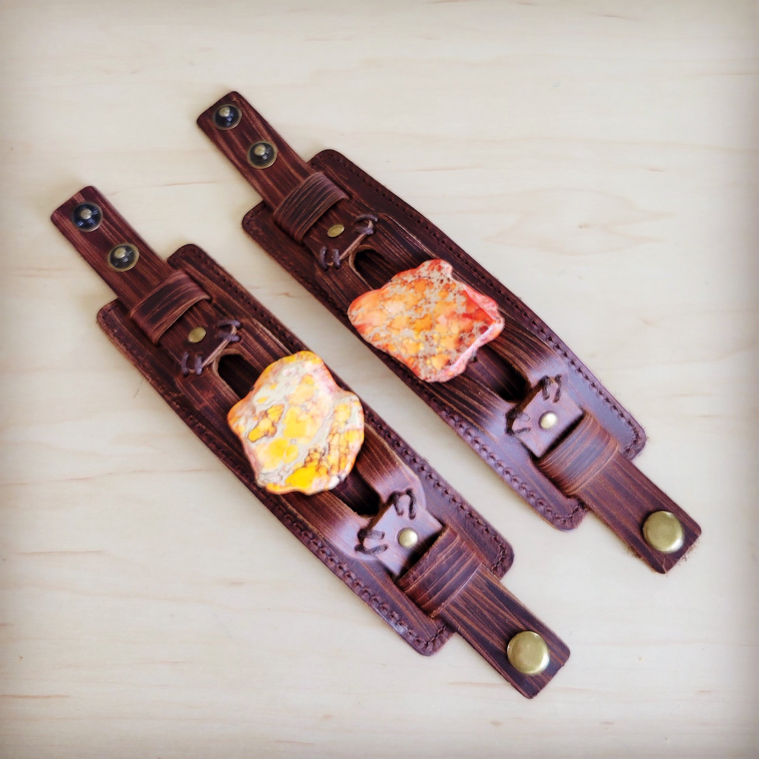 Genuine Leather Wide Cuff Bracelet w/ Orange Regalite Slab 007e