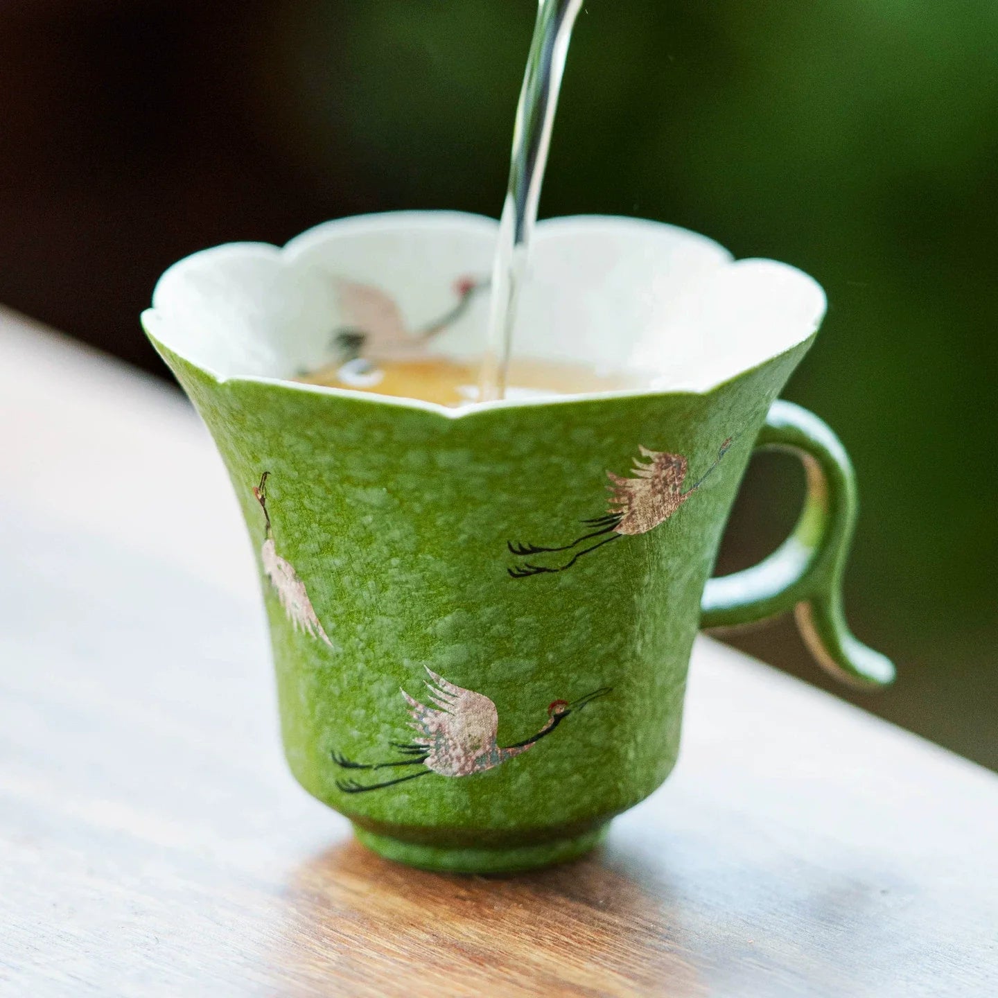 Crane Dance Porcelain Teacup — Celadon Green Floral Rim Teacup with Handle | Gift Set Edition
