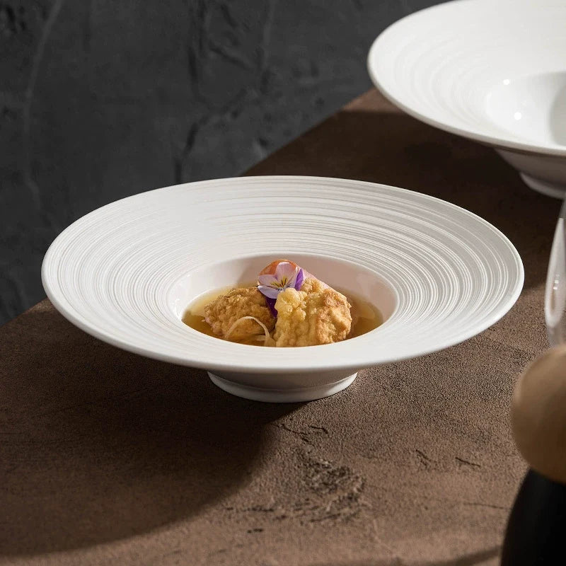 Handcrafted Ripple-Texture Wide-Rim Plate – 7.5" / 9" / 10" Fine Dining Ceramic Hat Plate