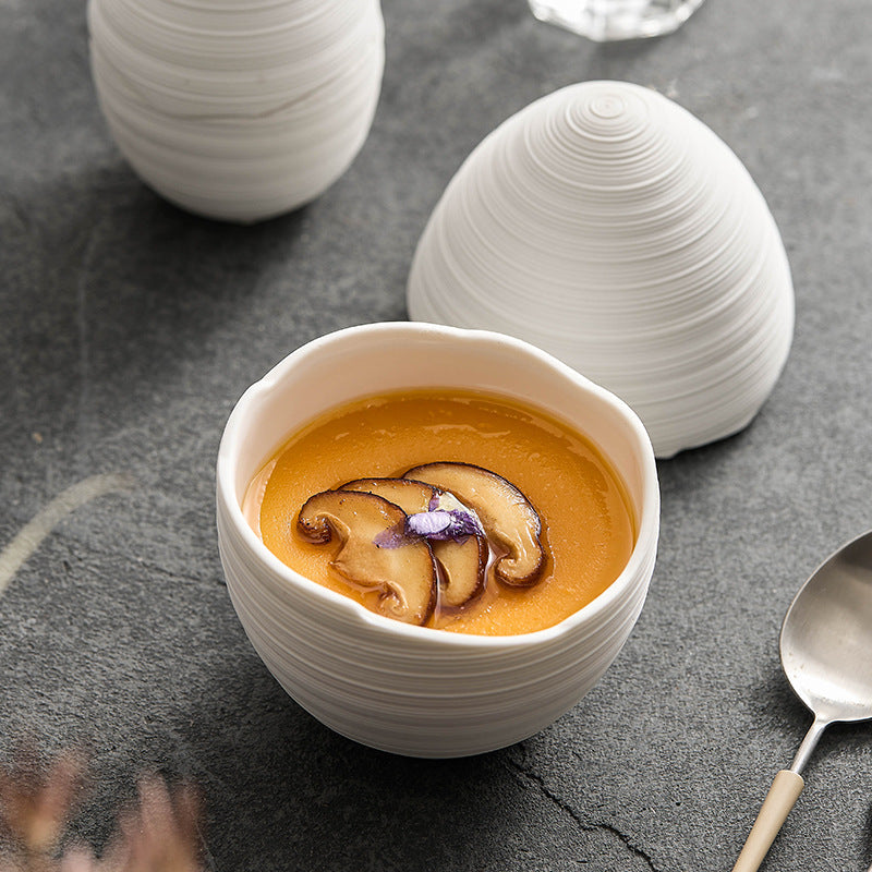 Elegant Ceramic Stew Bowl - Egg-Shaped Design with Line Pattern for Steamed Dishes & Single Servings
