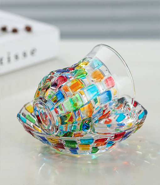 Retro Hand-Painted Colored Glass Cup with Handle & Saucer – Coffee & Tea Mug