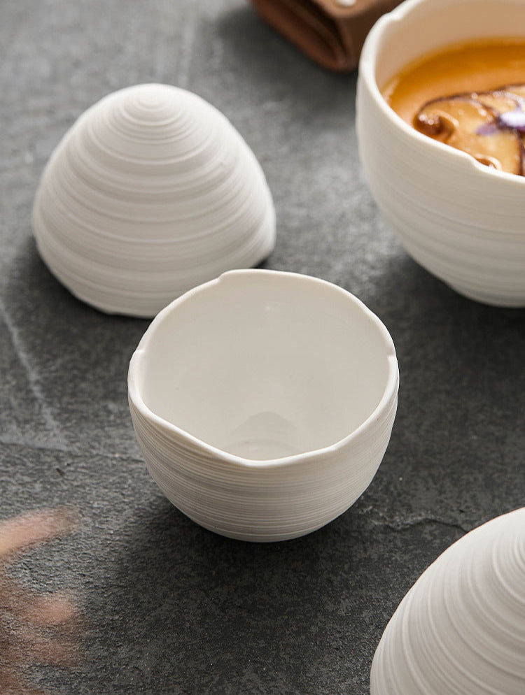 Elegant Ceramic Stew Bowl - Egg-Shaped Design with Line Pattern for Steamed Dishes & Single Servings