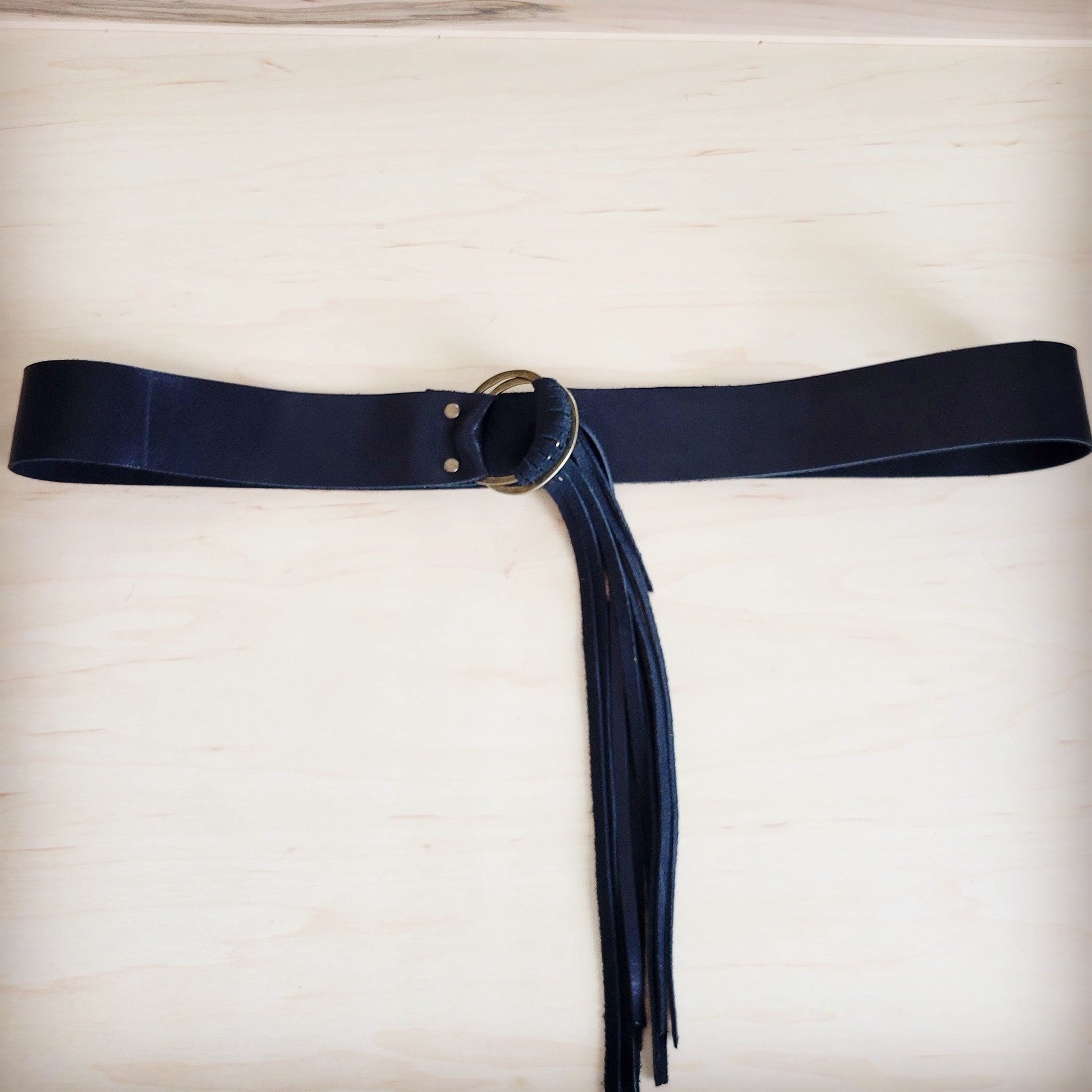 Black Leather Belt with Leather Fringe Closure 908v