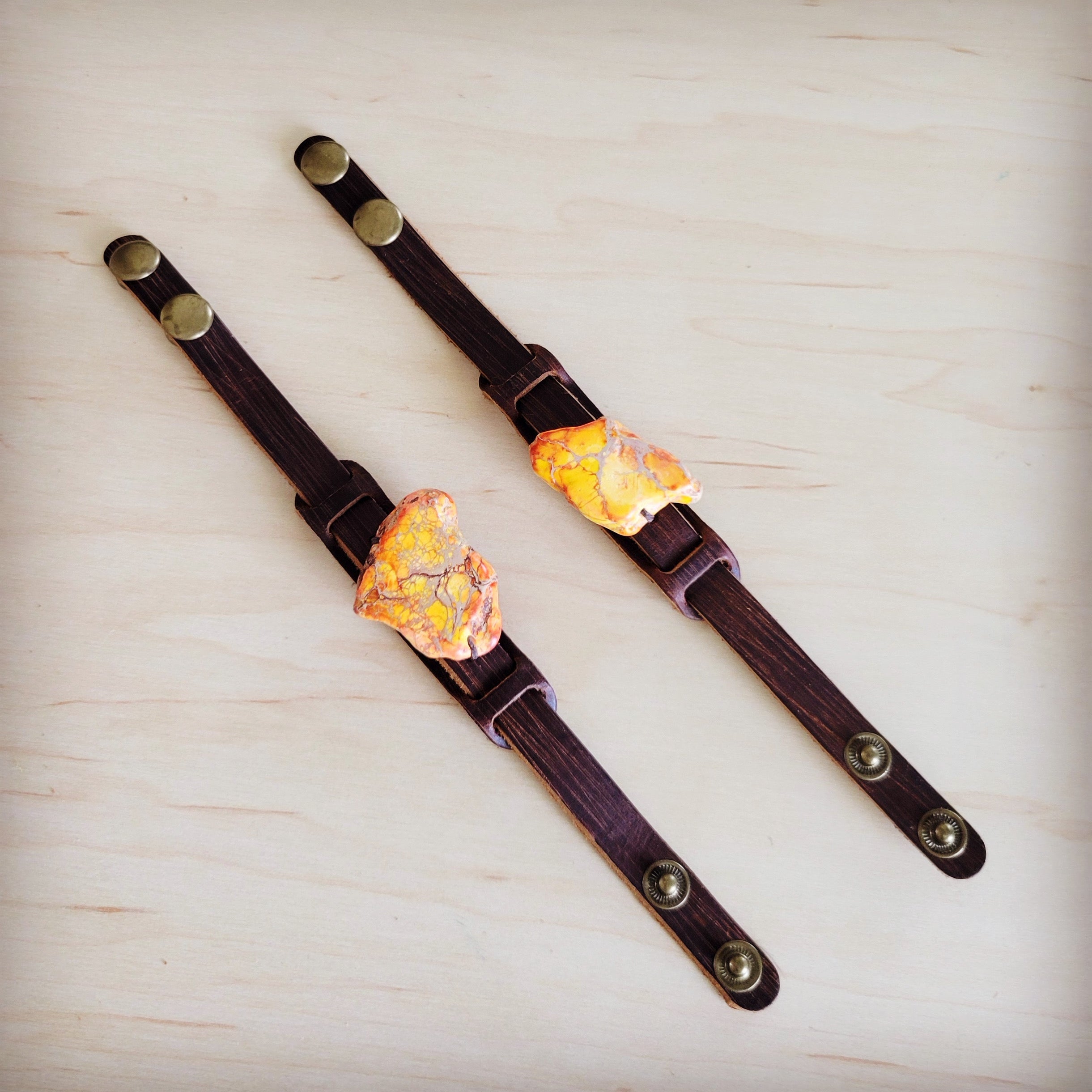 Genuine Leather Narrow Cuff w/ Orange Regalite Slab 007f