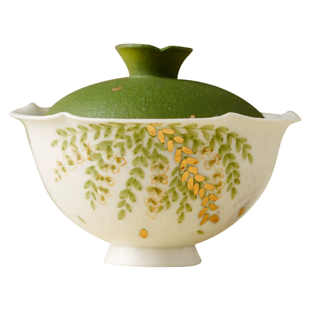 Handmade Ceramic Gaiwan with Green Leaf Design – 95ml Traditional Chinese Tea Cup with Lid