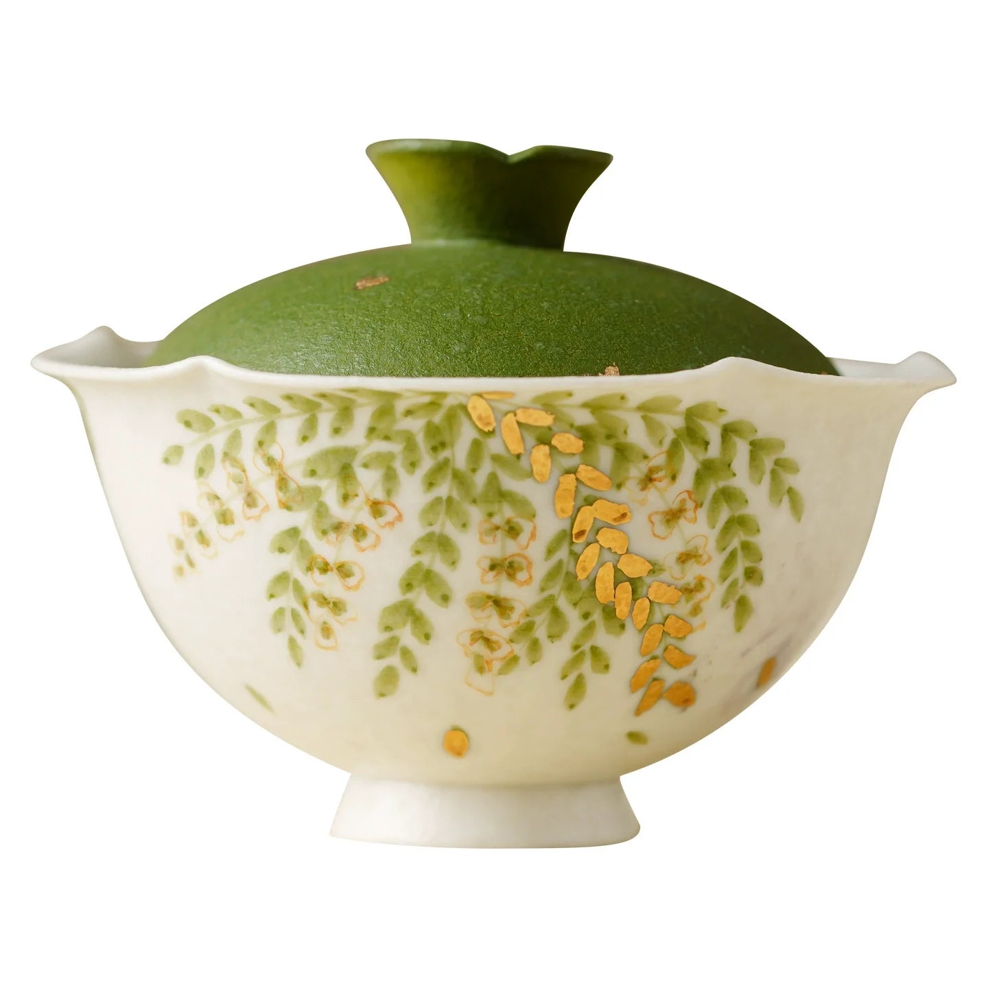 Handmade Ceramic Gaiwan with Green Leaf Design – 95ml Traditional Chinese Tea Cup with Lid