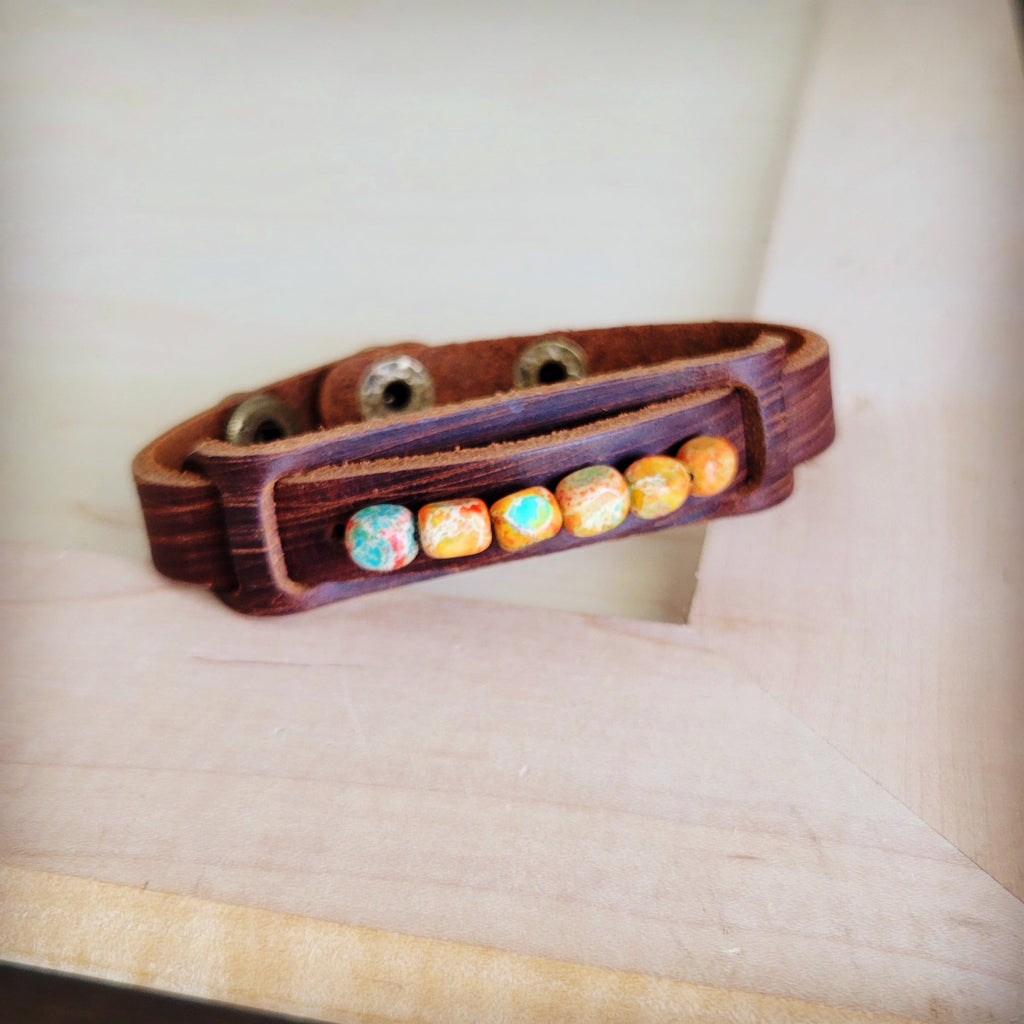 Genuine Leather Narrow Cuff with Sunrise Regalite Chunks 007d