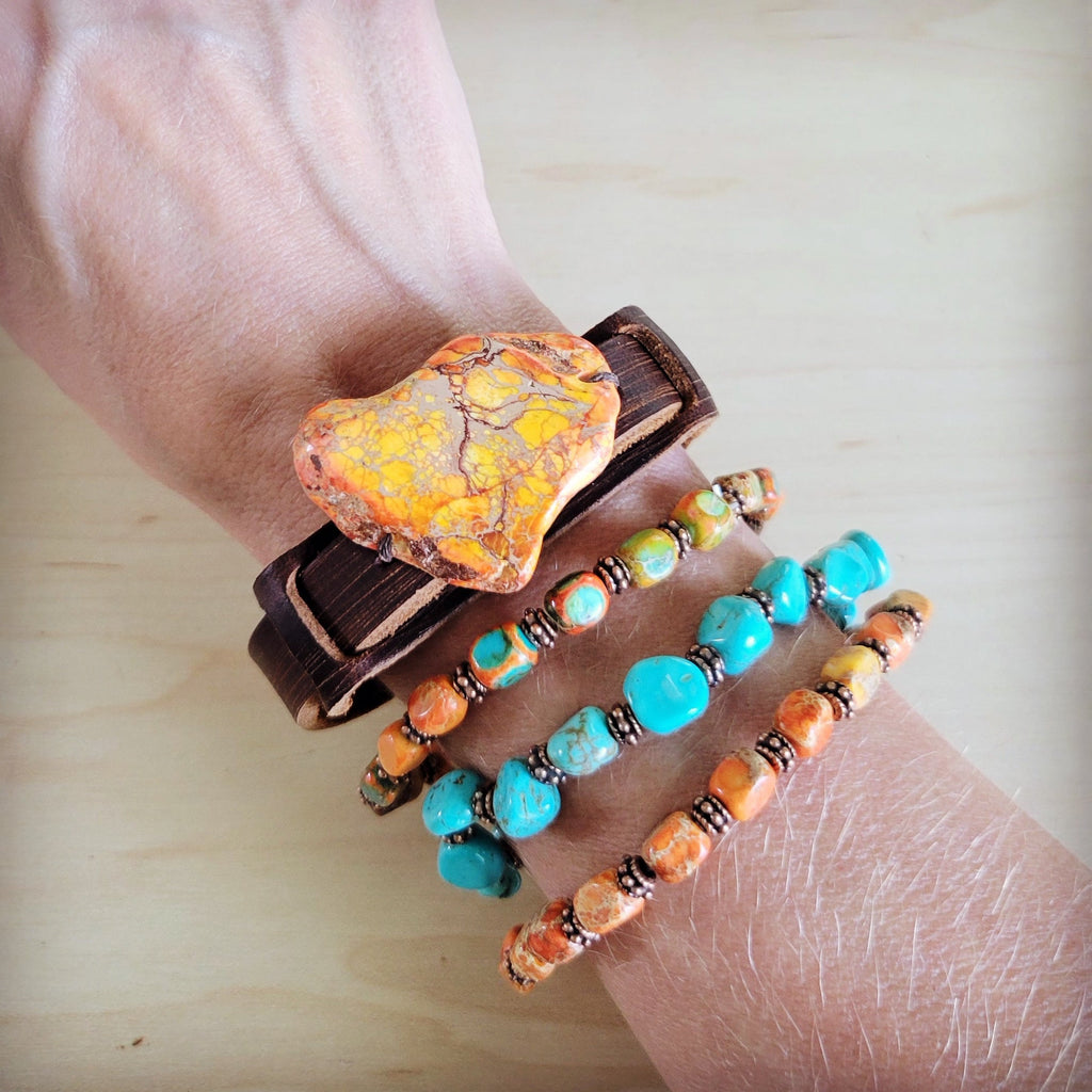 Genuine Leather Narrow Cuff w/ Orange Regalite Slab 007f