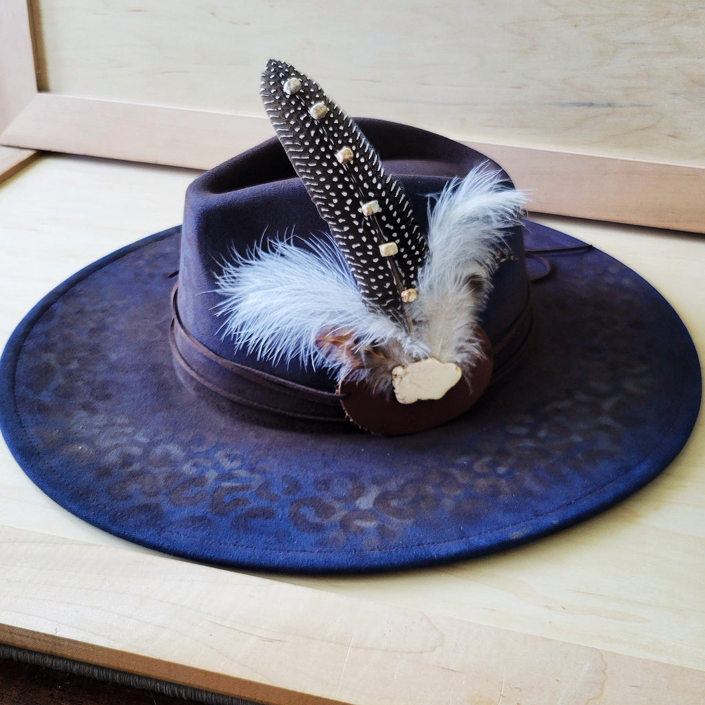 Hand-Painted Leopard Boho Western Cowgirl Hat & Band-Navy 987L