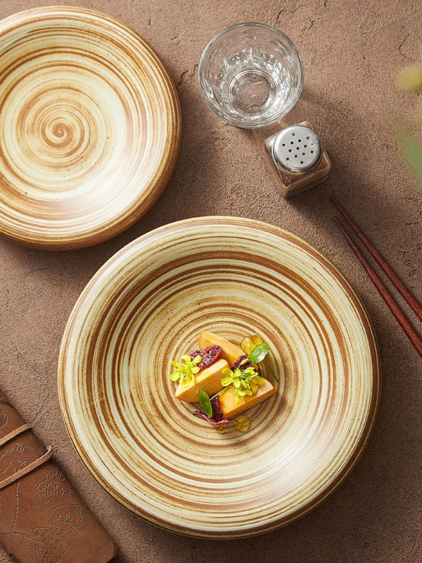 Handcrafted Spiral Stoneware Plate – Shallow Round Dish for Pasta or Salad