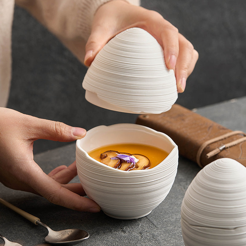 Elegant Ceramic Stew Bowl - Egg-Shaped Design with Line Pattern for Steamed Dishes & Single Servings