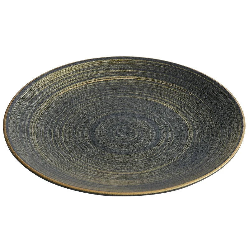 Luxury Black & Gold Ceramic Dinner Plate – Wujin Sand Textured Matte Glaze Fine Dining Tableware