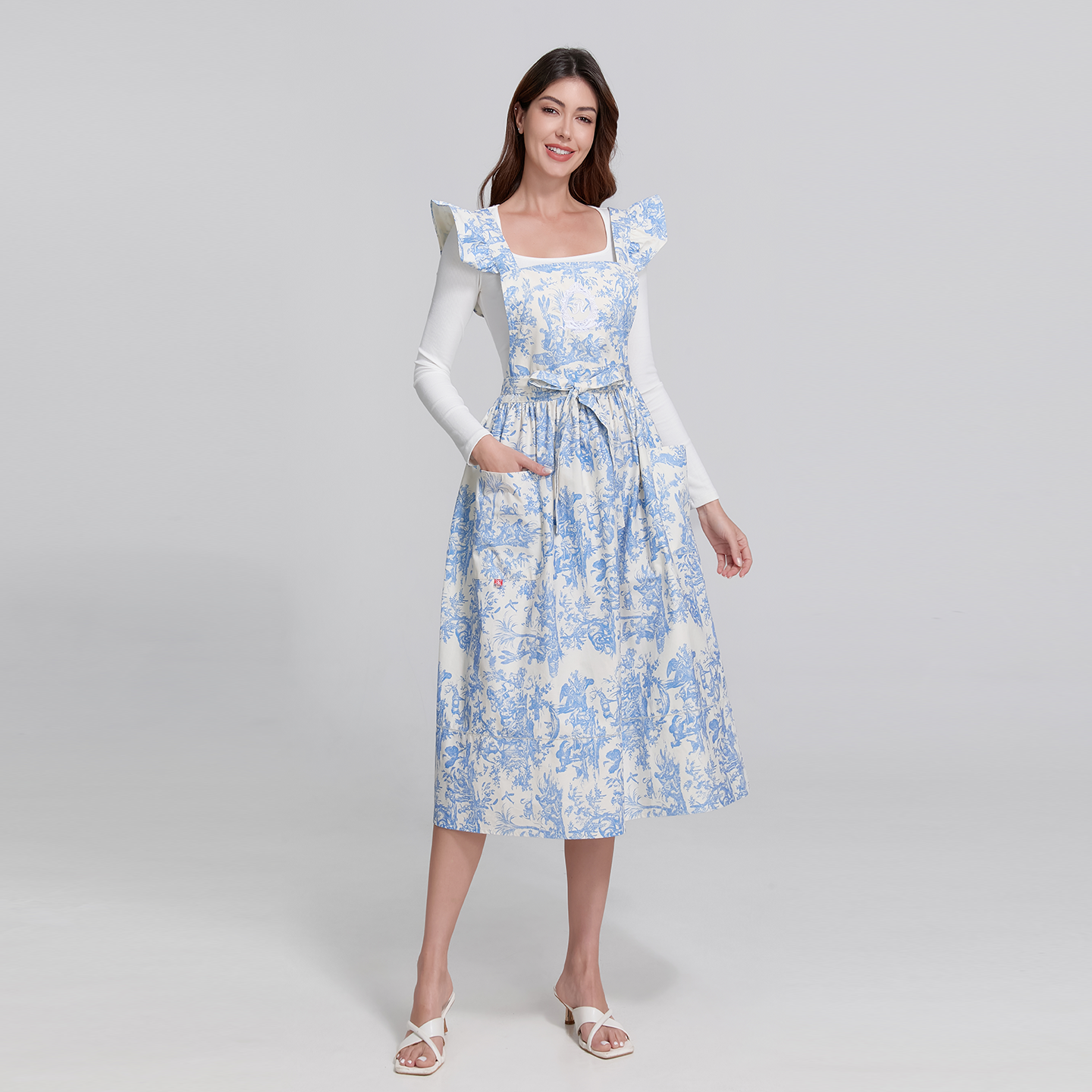 French Toile de Jouy Premium Cotton Apron with Royal Embroidery