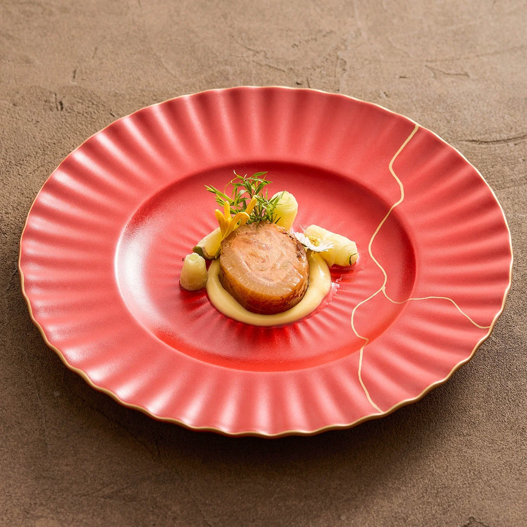 Luxury Red Ceramic Dinner Plate with Golden Veins – Elegant Dining Collection