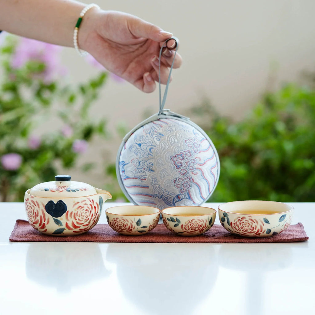 Portable Travel Tea Set – Yanmian White Porcelain Gold Rose Ruyi Series