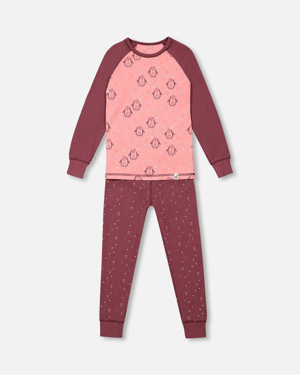 Organic Cotton Long Sleeve Two Piece Printed Penguins Pajama Set Pink