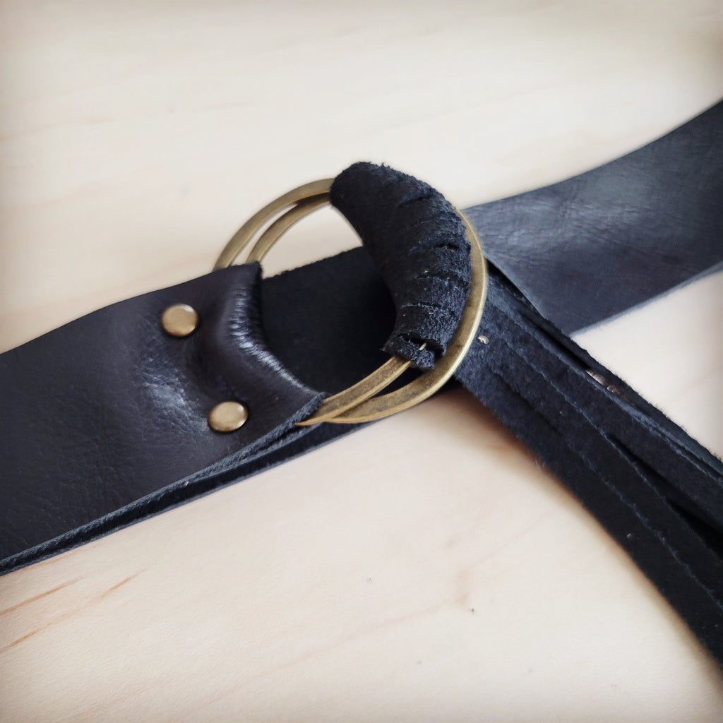 Black Leather Belt with Leather Fringe Closure 908v