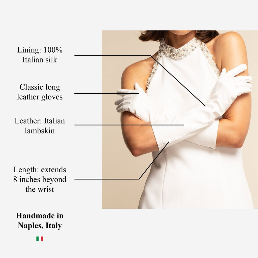 Angelina (white) - Italian silk lined 8-button length leather bridal / opera gloves