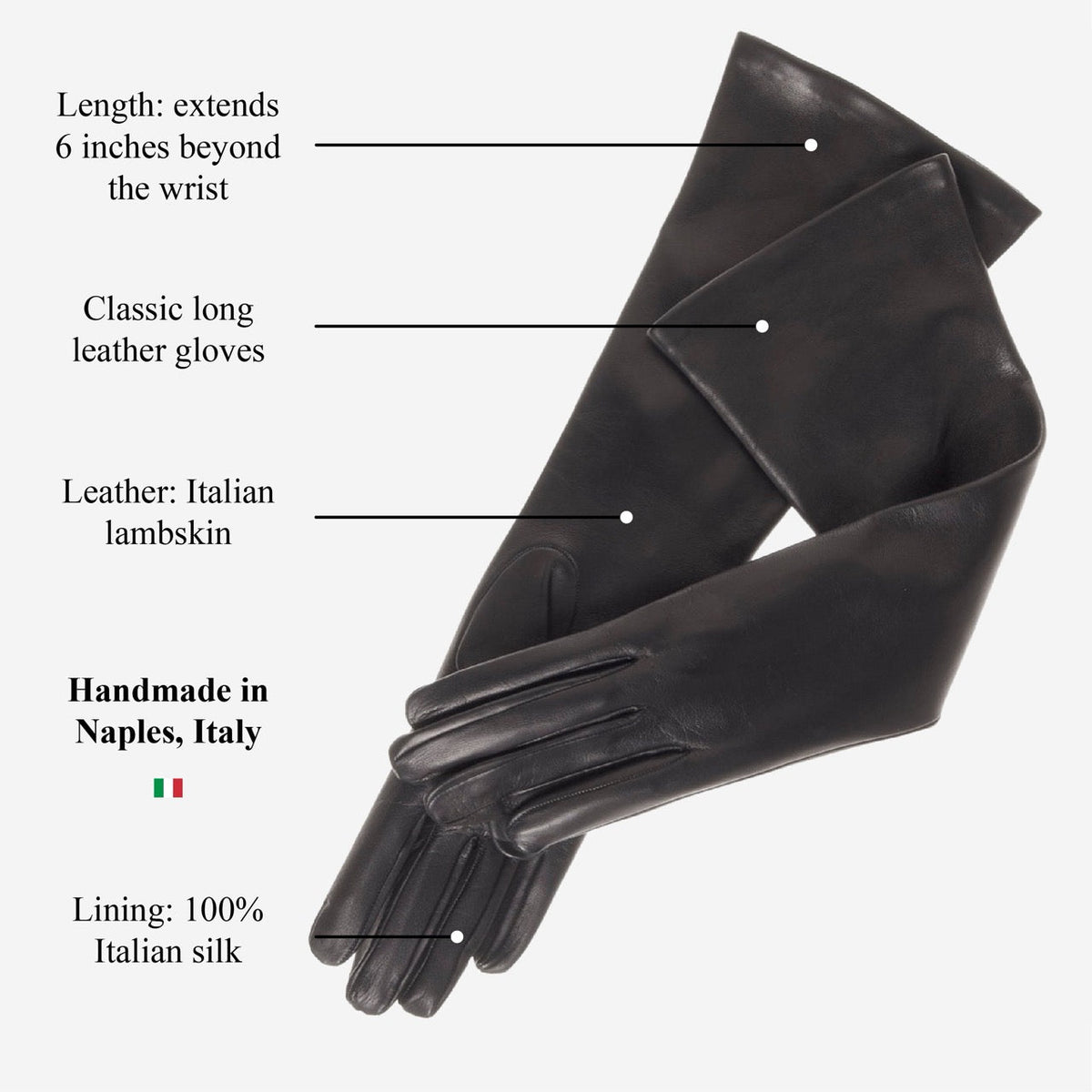 Elena (black) - Italian silk lined 8-button length leather opera gloves