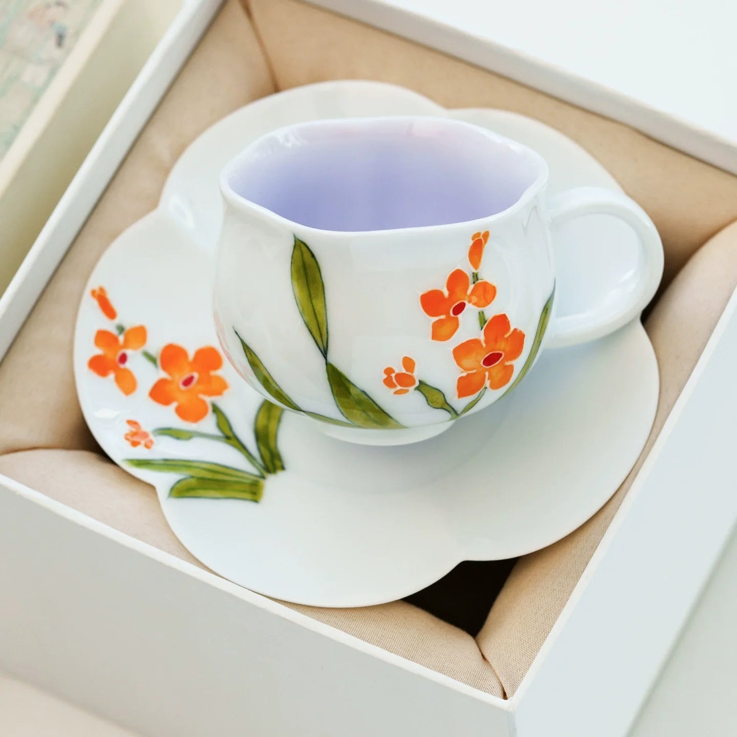 Hand-Painted Orange Blossom Porcelain Teacup & Saucer Set – Artistic Floral Ceramic Cup for Tea or Coffee