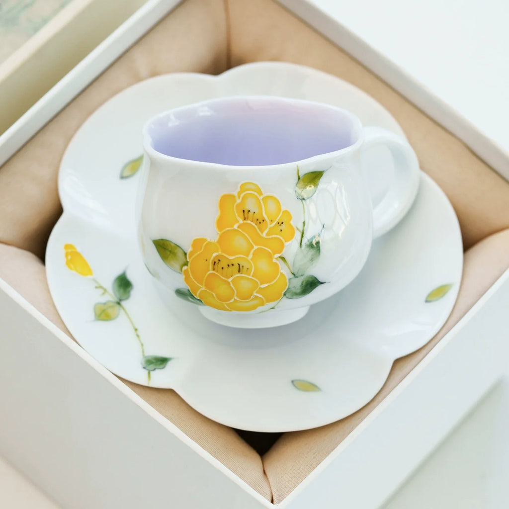 Hand-Painted Yellow Peony Porcelain Teacup & Saucer Set – Bright Floral Ceramic Cup for Tea or Coffee