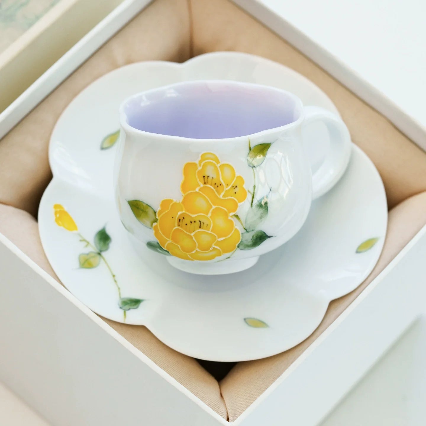 Hand-Painted Yellow Peony Porcelain Teacup & Saucer Set – Bright Floral Ceramic Cup for Tea or Coffee