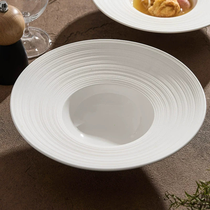 Handcrafted Ripple-Texture Wide-Rim Plate – 7.5" / 9" / 10" Fine Dining Ceramic Hat Plate