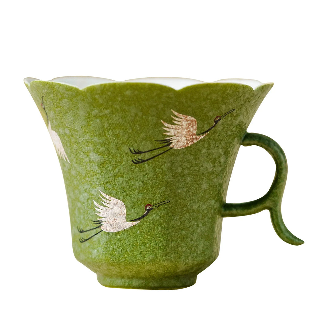 Crane Dance Porcelain Teacup — Celadon Green Floral Rim Teacup with Handle | Gift Set Edition